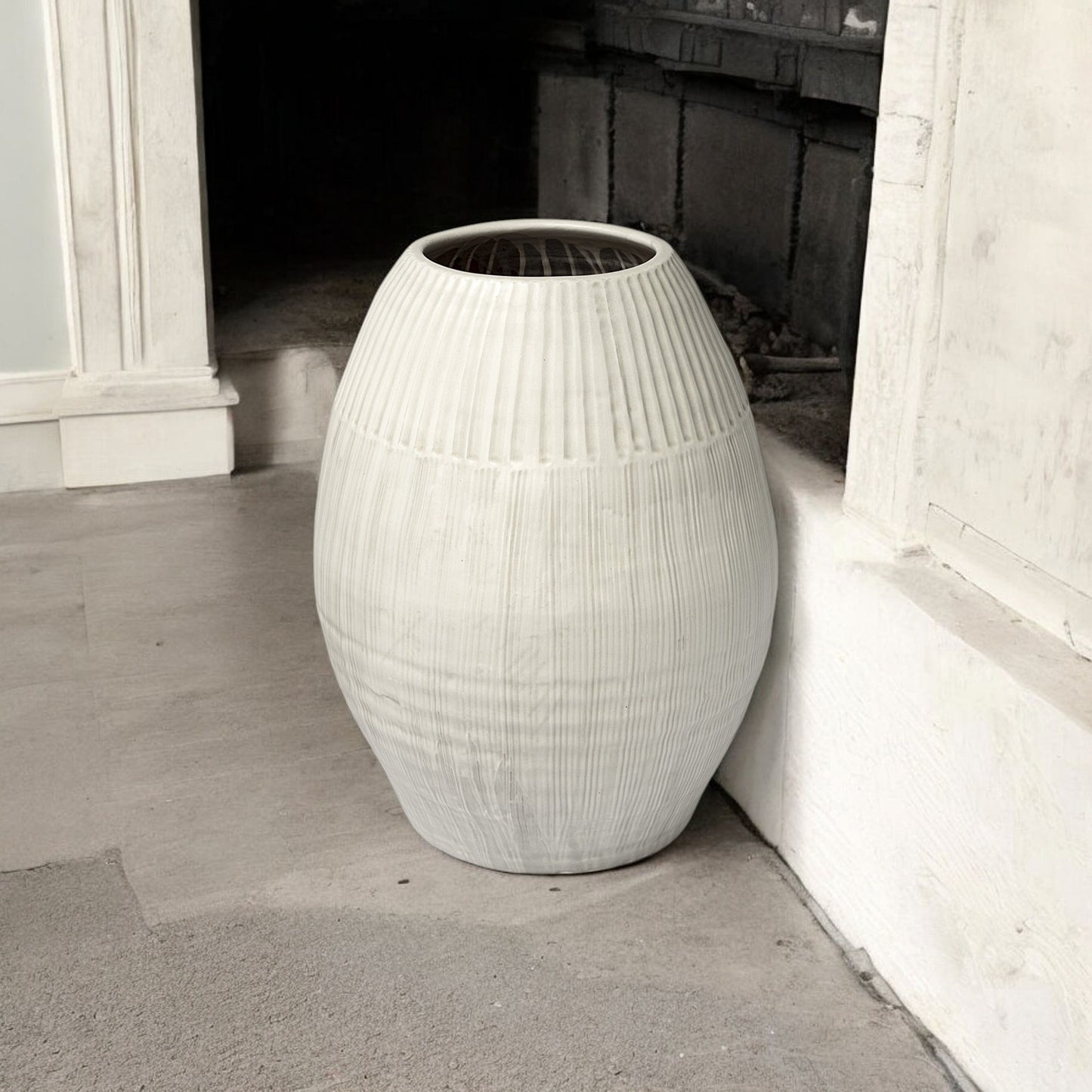 White Striped Ceramic Cylinder Floor Vase-0