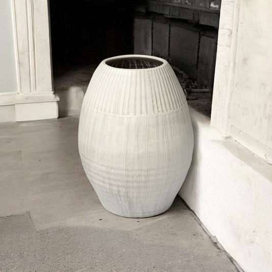 White Striped Ceramic Cylinder Floor Vase-0