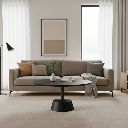 32" Dark Brown and Black Solid Wood and Iron Round Pedestal Coffee Table-0